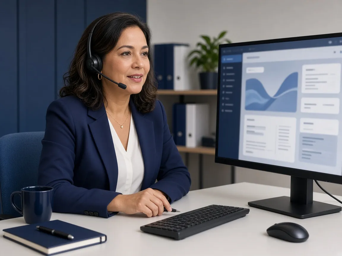 Ilustração de profissional de atendimento com headset, diante do painel do participante