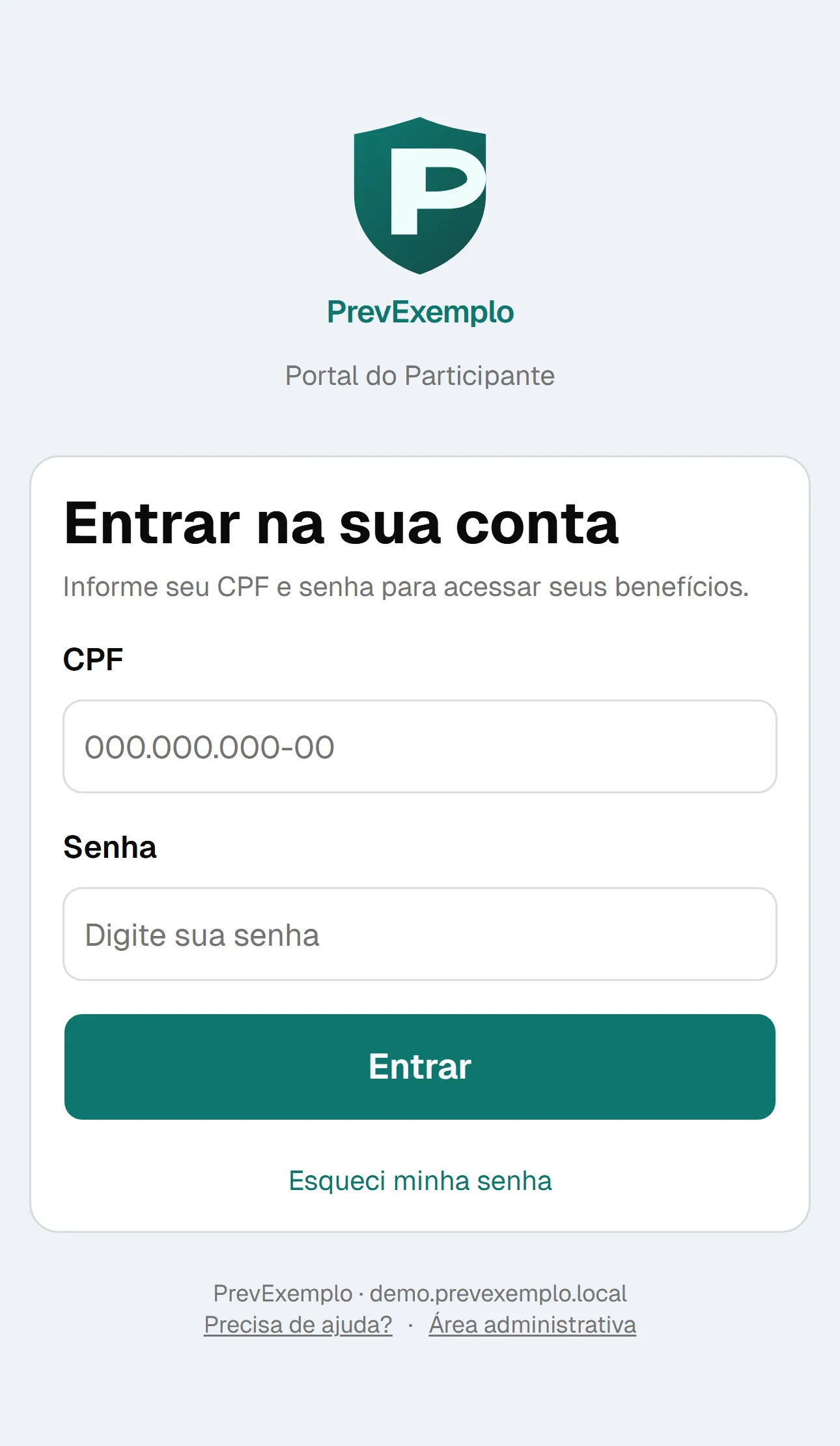 Tela de entrada do portal do participante no celular, com CPF e senha e a marca da instituição