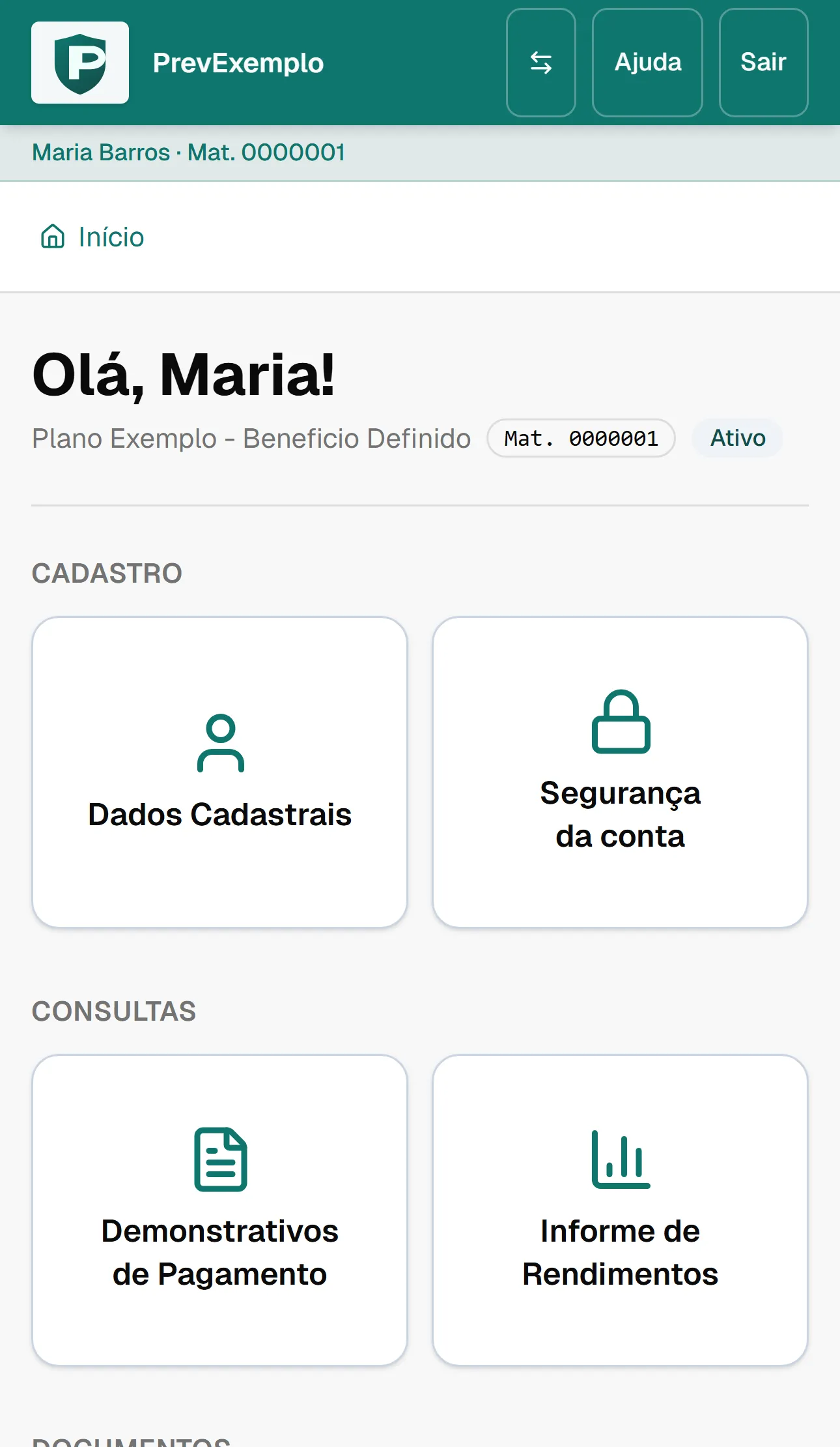 Painel do participante no celular, com cartões grandes de dados cadastrais, demonstrativos e informe de rendimentos