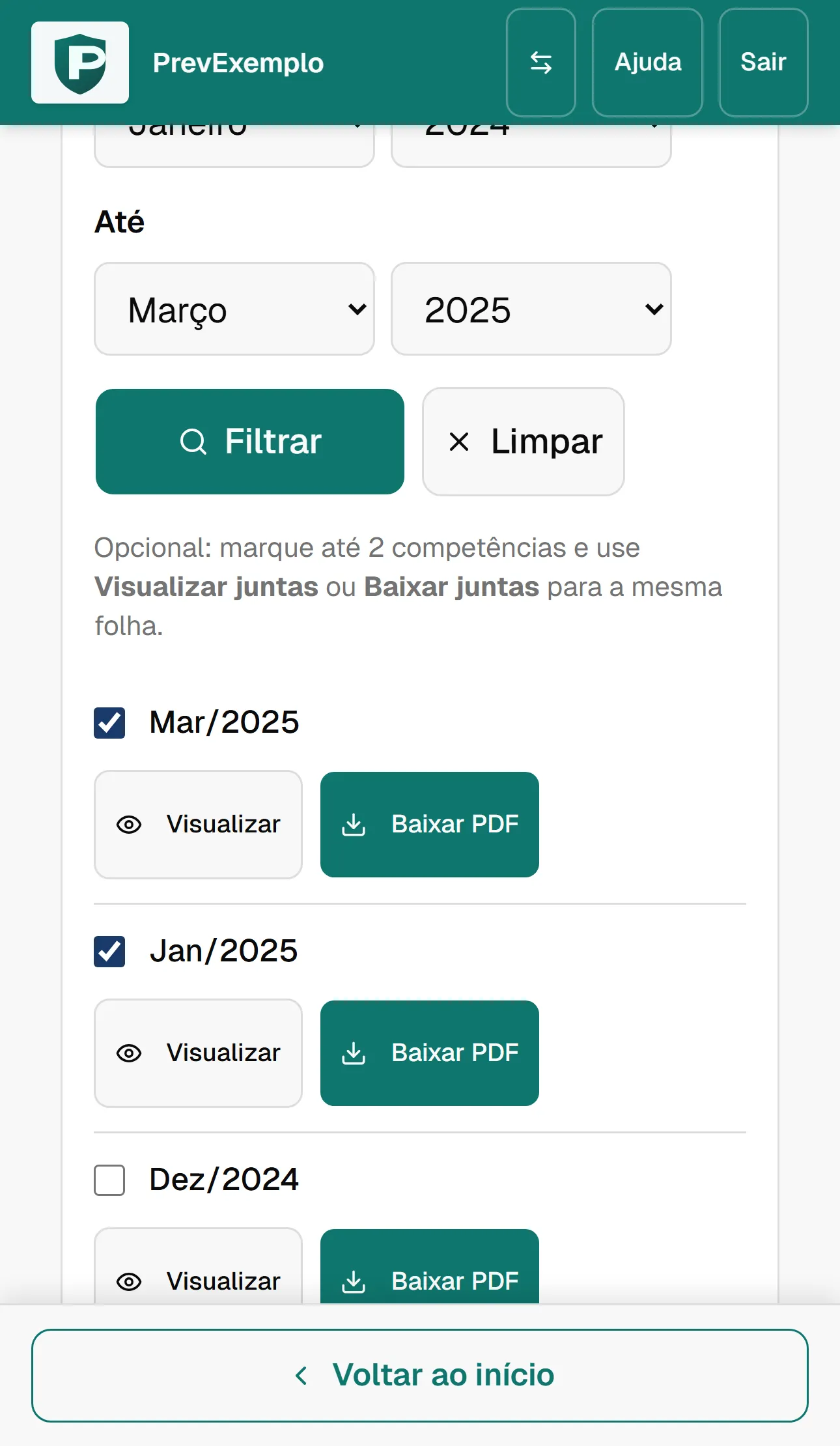 Demonstrativos de pagamento no celular, com filtro de período, lista de competências e baixar PDF